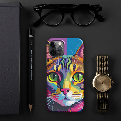 iPhone snap case featuring a vibrant cat face design with blue top corner