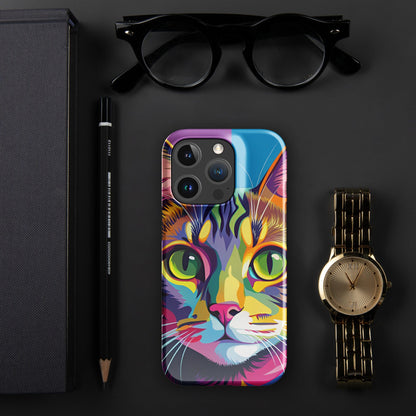 Cat-themed phone case with vivid painted cat face and raised camera lenses