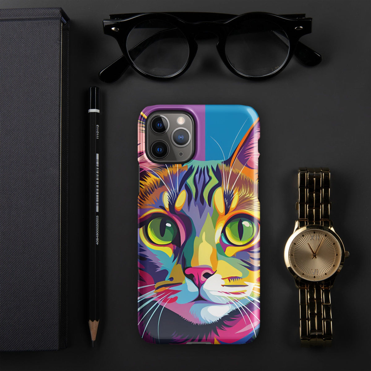 Cat iPhone snap case with colorful painted cat face graphic, blue top panel