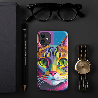 Cat iPhone snap case with colorful painted cat face graphic, purple trim