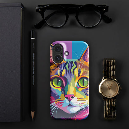 Cat-themed phone case with painted cat face and glossy blue corner panel