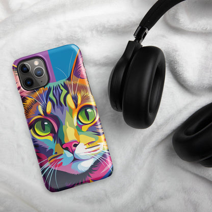 Cat iPhone snap case with colorful cat face artwork, curved corners visible