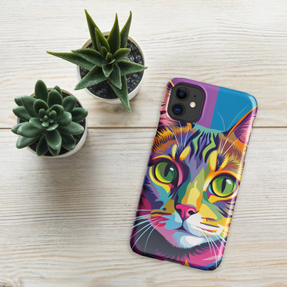 Cat iPhone snap case with colorful cat face artwork, front view
