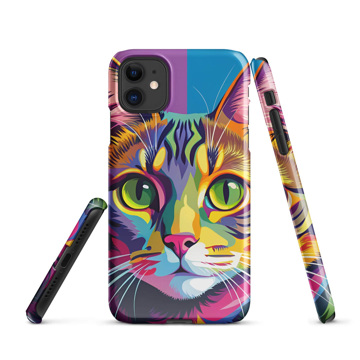 Cat iPhone snap case with colorful cat face artwork, side view with cutout