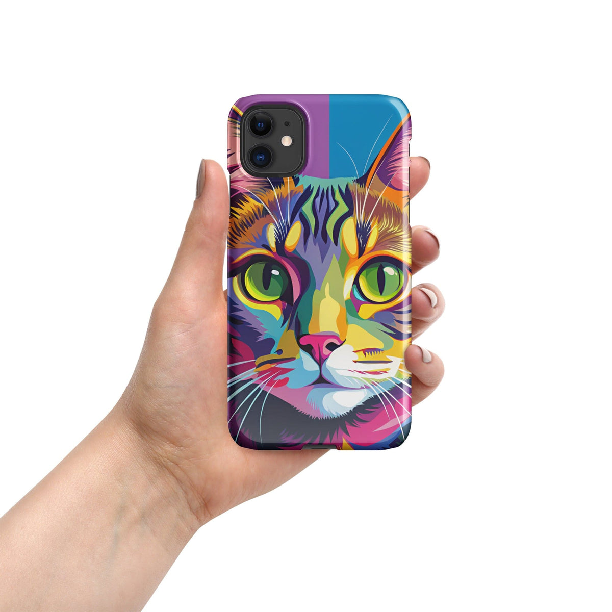 Cat iPhone snap case with colorful cat face artwork, held in hand