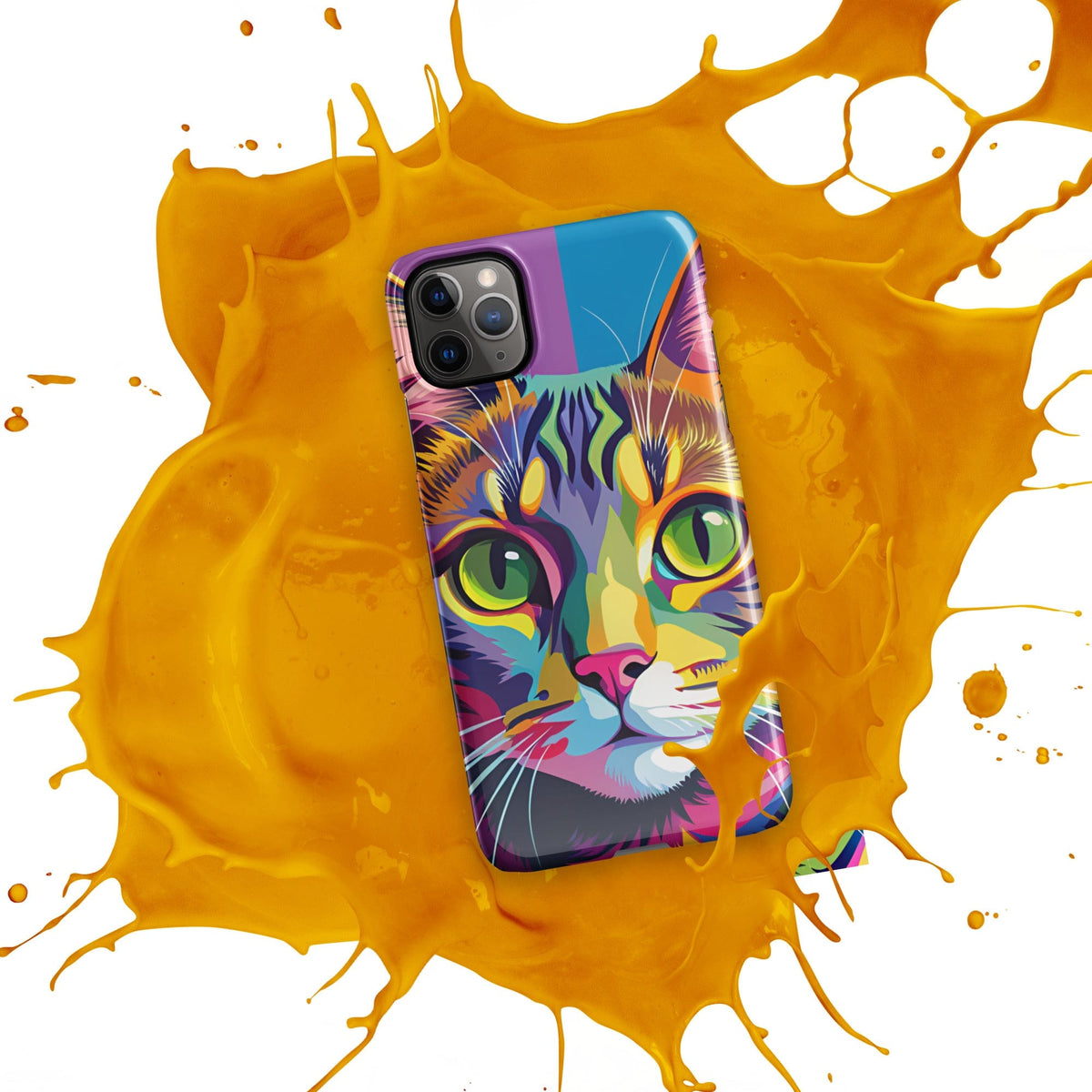 Cat iPhone snap case with colorful painted cat face on the front, purple edge