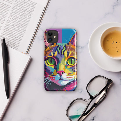 Cat iPhone snap case with colorful cat face art and visible camera cutouts