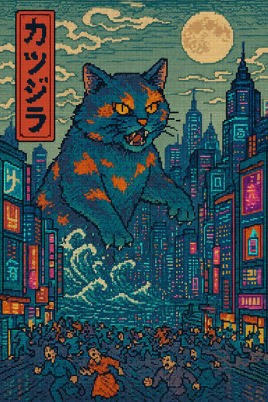 Cat art print close-up: teal city, blue-orange cat face, moon, red vertical text