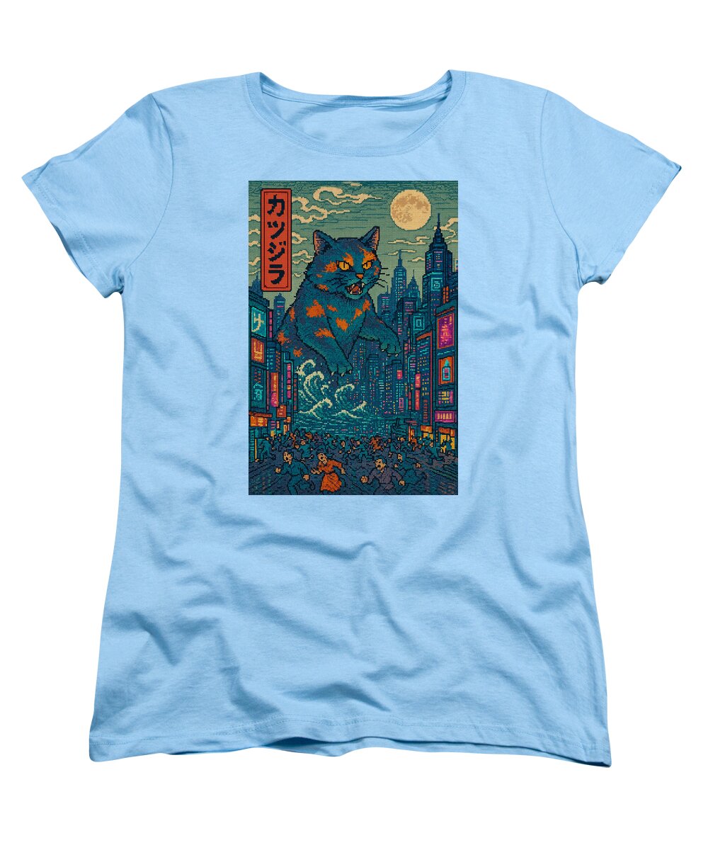 Women's graphic cat monster T-shirt, crew neck, short sleeves, light blue with city print