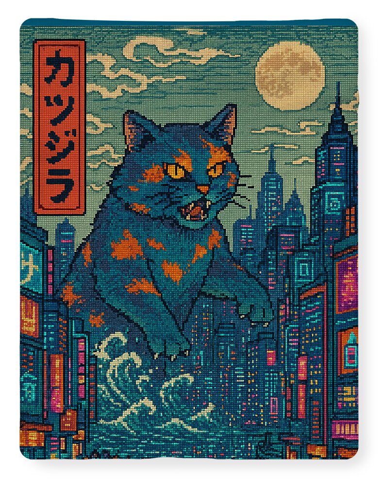 Cat monster throw blanket with blue cat and city skyline, bordered by red vertical panel
