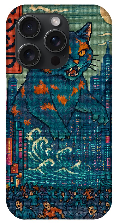 Phone case with blue cat monster pixel art, teal city lights and clouds, black camera cutouts