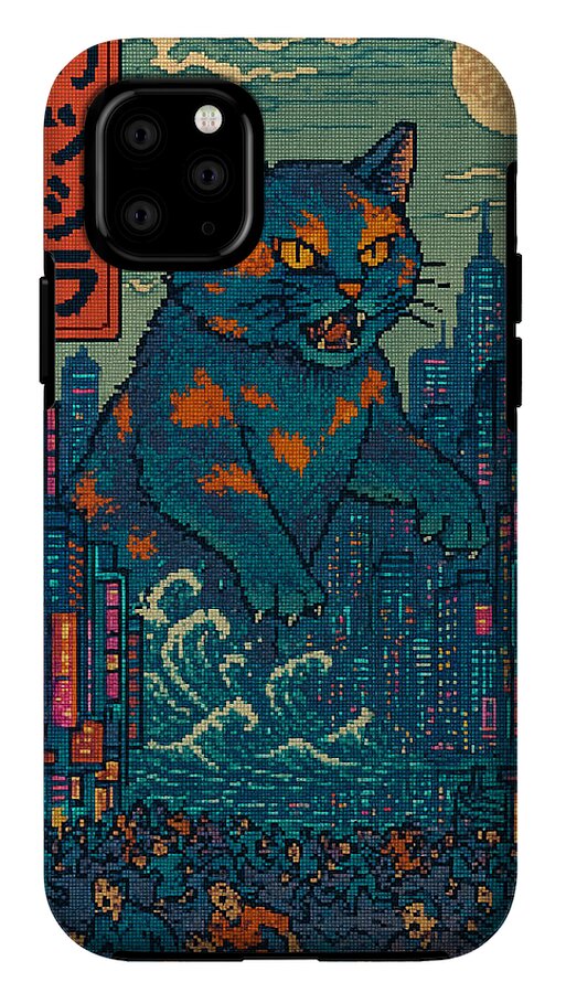 Phone case with cat monster pixel art and city skyline, rounded corners