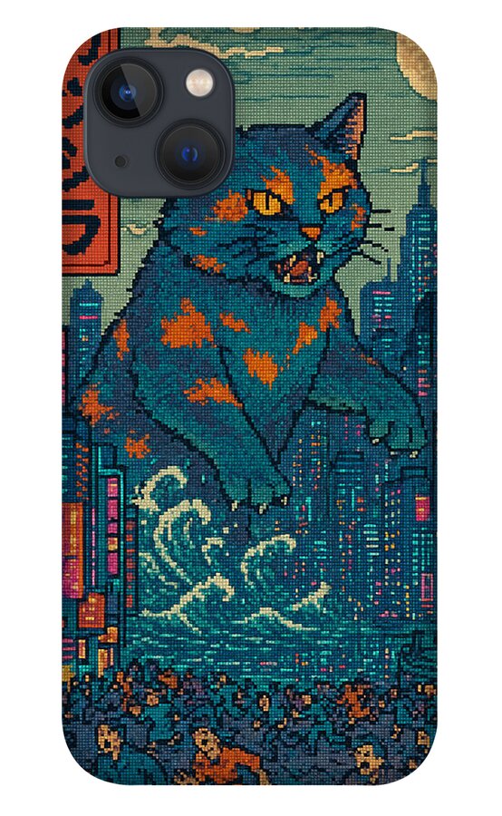 Phone case with blue orange pixel cat monster facing forward in teal city, dual camera cutouts