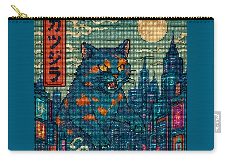 Teal zip pouch with cat face and city skyline print, gold zipper