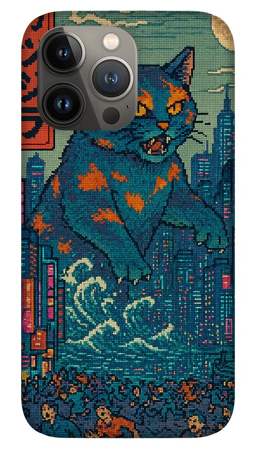 Phone case with blue orange pixel cat monster portrait, raised camera modules and side cutouts