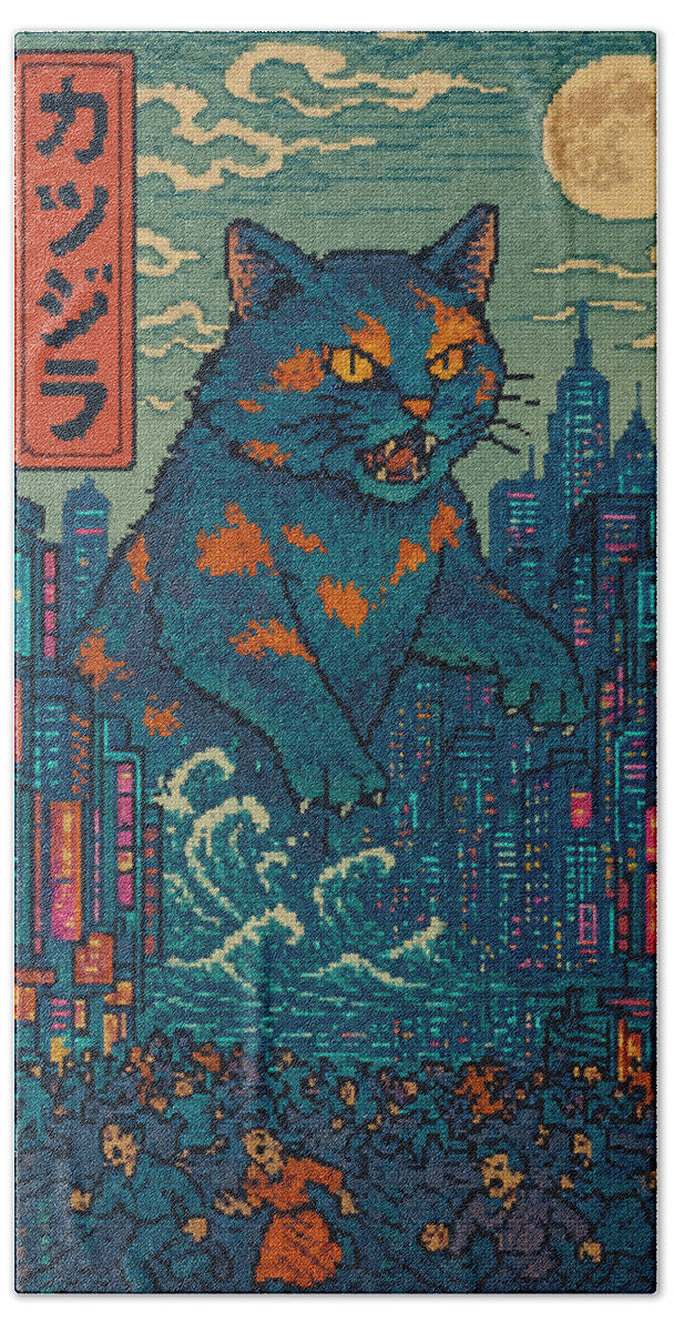 Beach towel with close view of blue cat monster and teal city skyline artwork