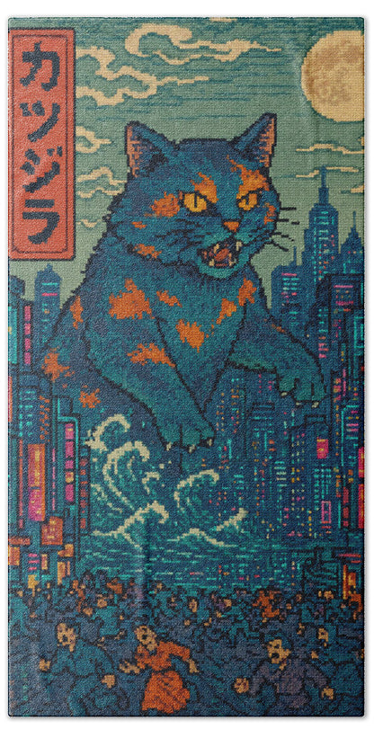 Beach towel with close view of blue cat monster and teal city skyline artwork