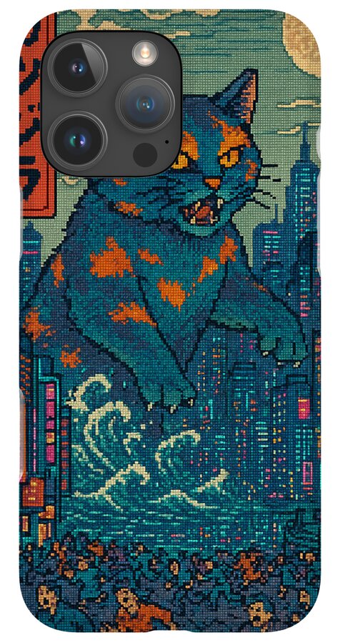 Phone case with blue cat monster pixel art, orange accents, and city skyline, black cameras