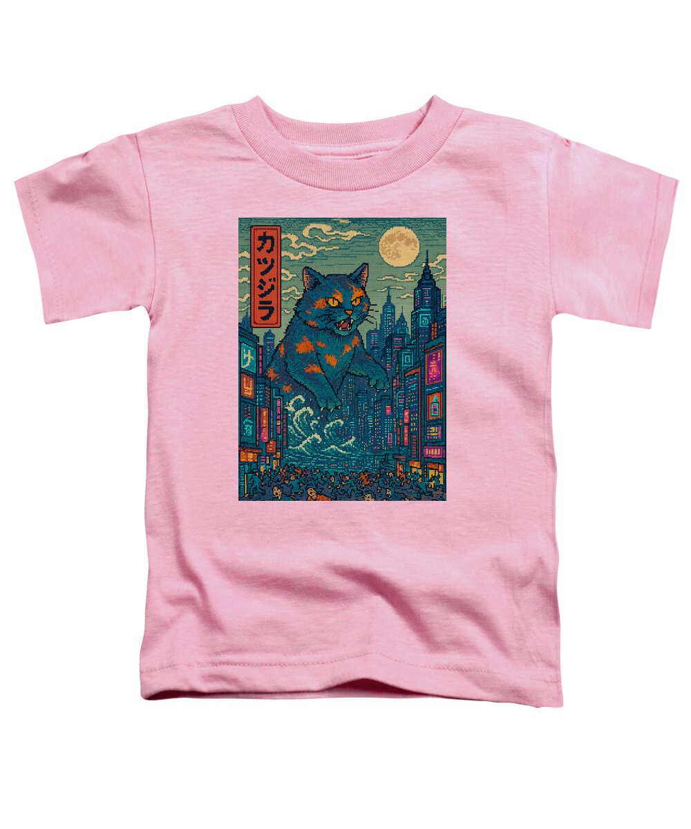 Pink toddler T-shirt with square graphic of a cat monster in a city at night