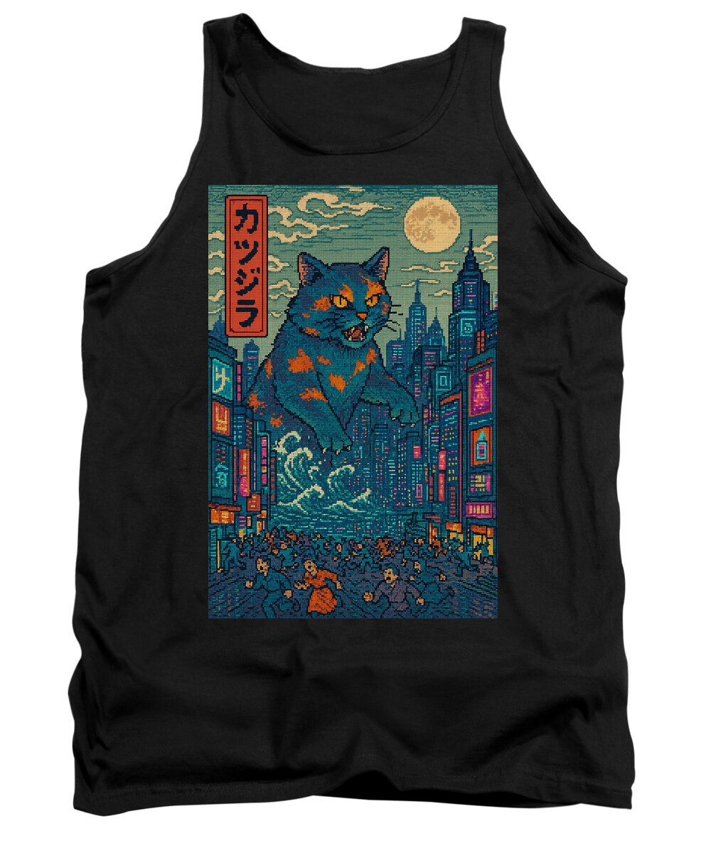 Black monster cat tank top with square city night graphic on front