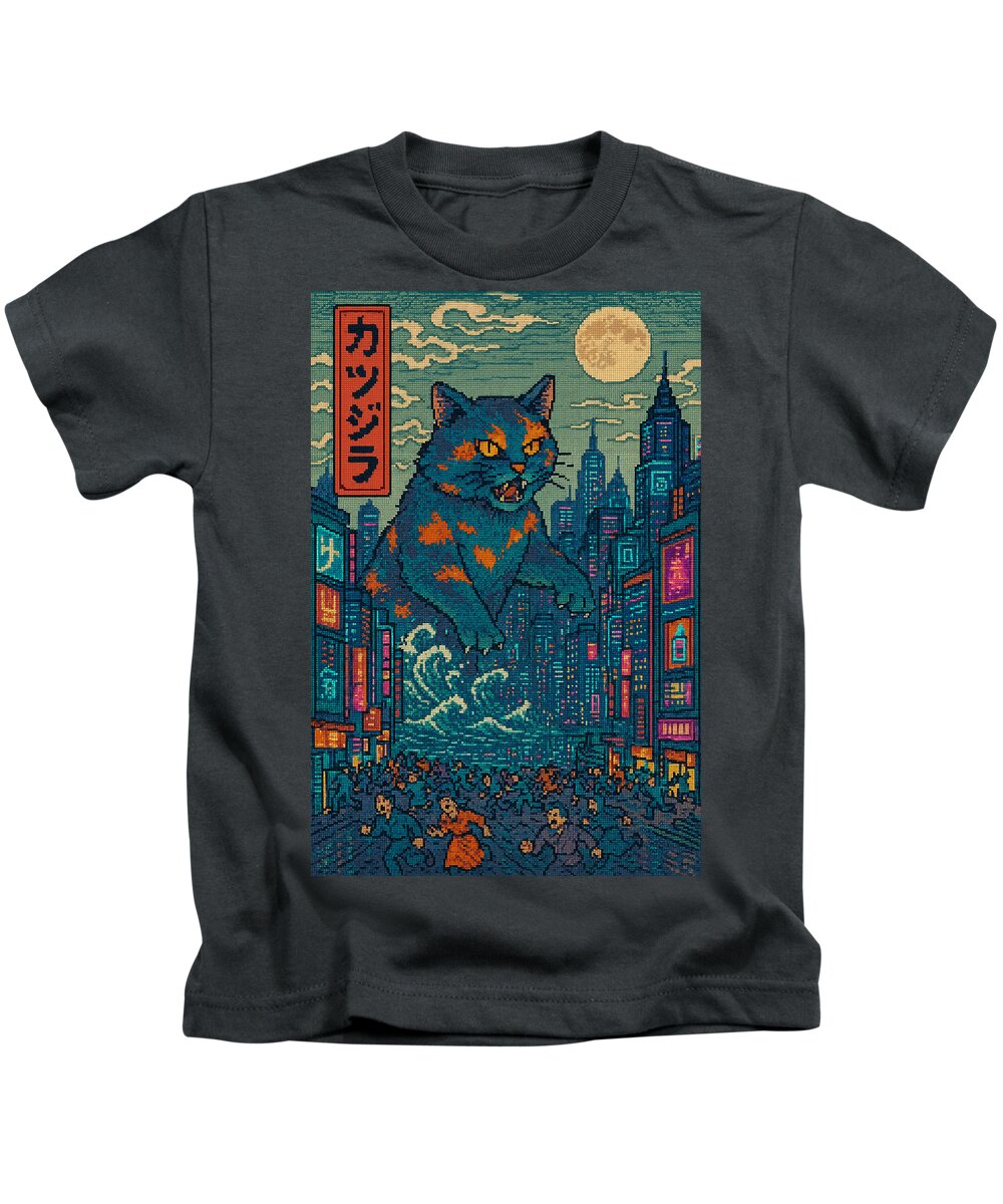 Kids T-shirt in dark gray with square monster cat graphic on the front.