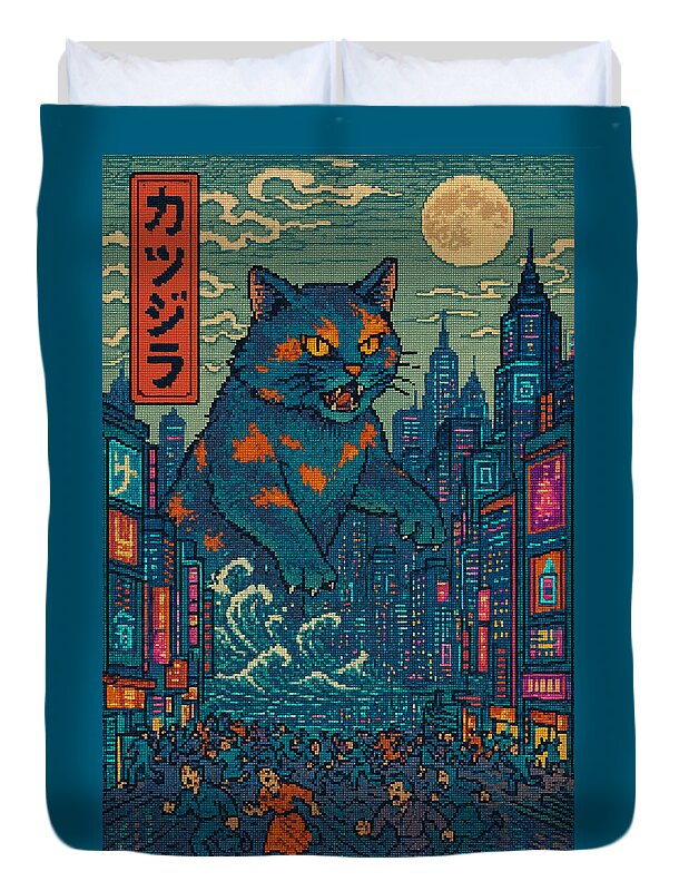 Cat monster duvet cover with blue cat, orange markings, clouds, and city skyline night scene