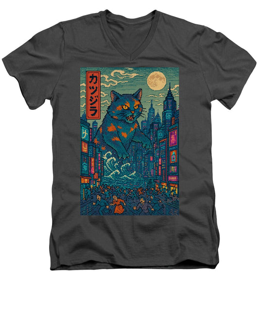 Men's V-neck T-shirt, dark gray, front graphic cat monster with city at night.