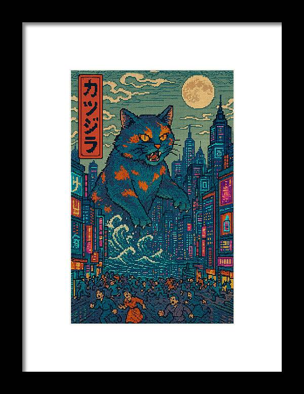Framed wall print featuring a blue cat monster over neon city; black mat, white frame.