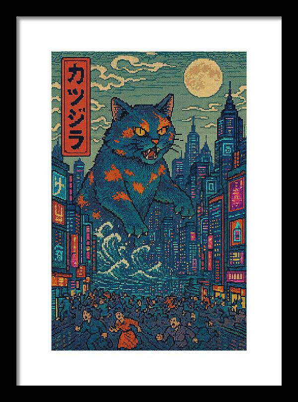 Framed monster cat art print with blue feline, night city skyline, black mat and white interior.