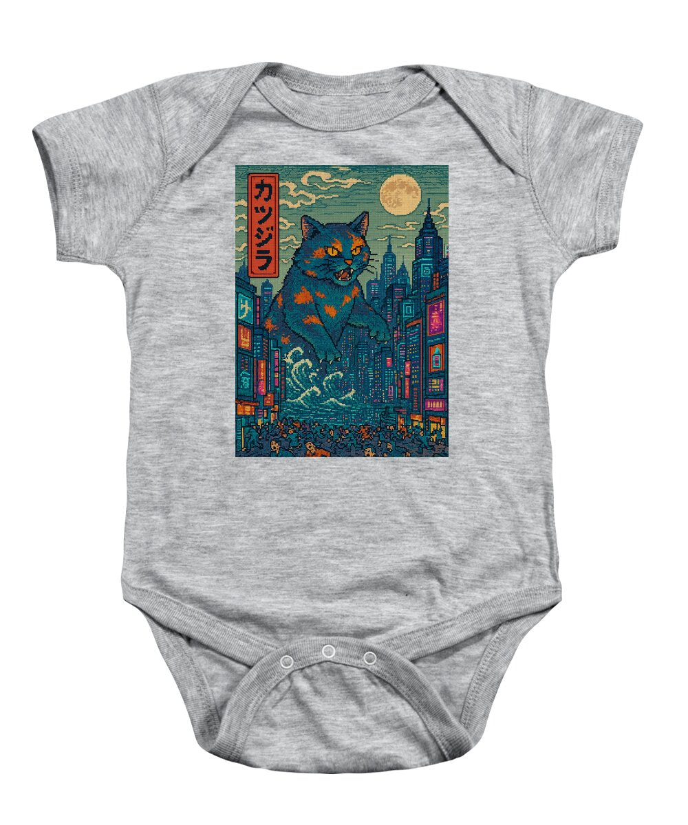 Heather gray baby onesie with short sleeves and front graphic of a cat in a cityscape