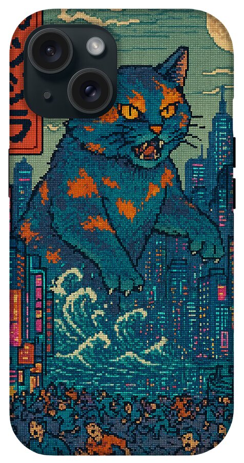 Phone case with blue cat monster pixel art, orange patches, and city skyline, black cutouts