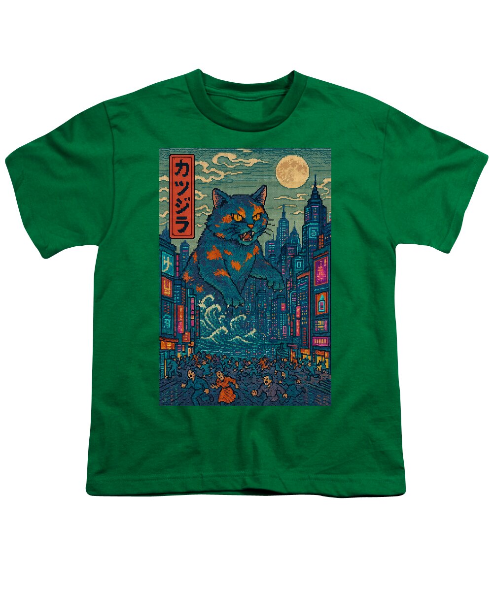 Youth T-shirt in bright green with cat monster city graphic print on front