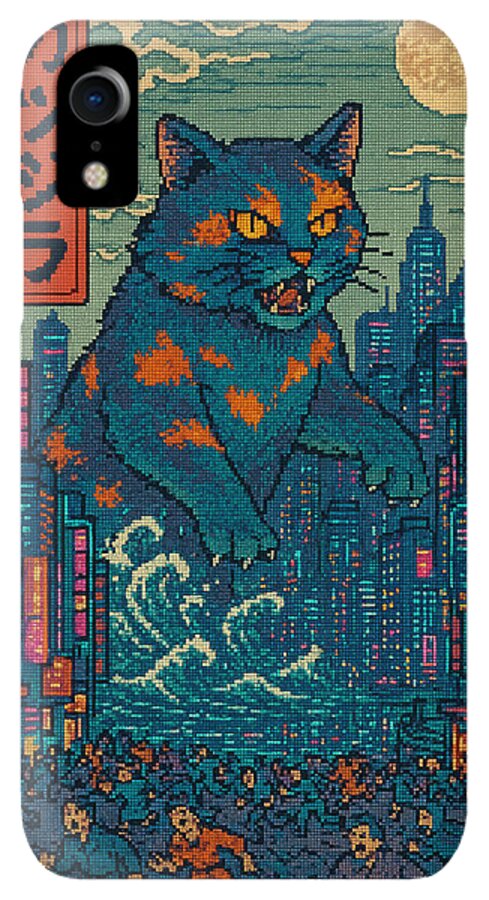 Phone case with pixel-art blue cat monster and city skyline, visible camera and flash
