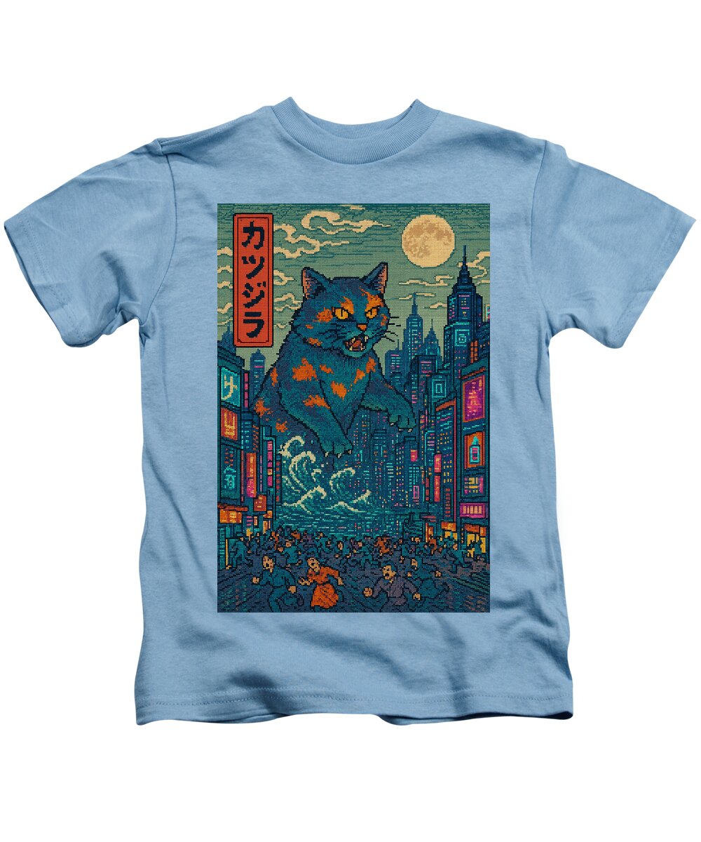 Kids T-shirt in light blue with square monster cat graphic on the front.