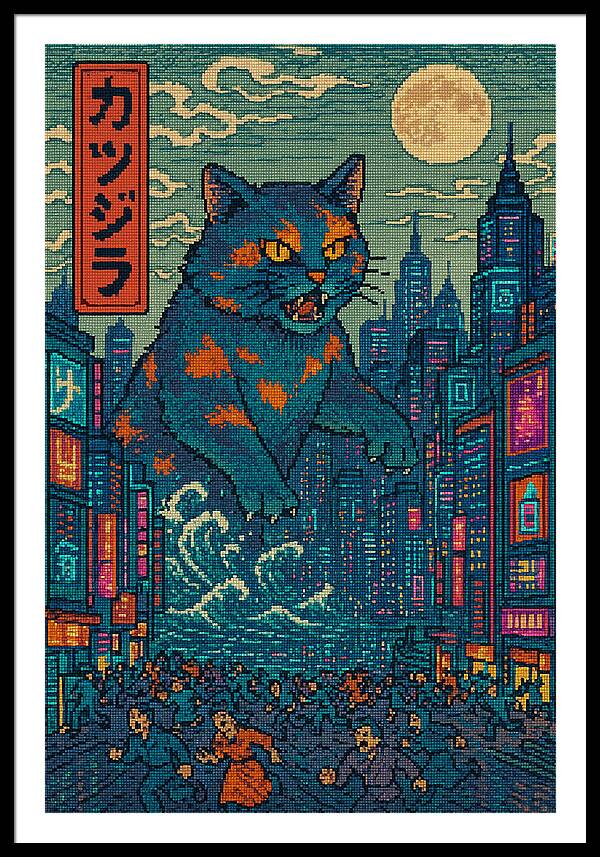 Framed wall print with blue cat monster in neon city; white mat, black frame.