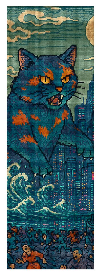 Yoga mat with blue orange-eyed cat monster face, clouds and skyline pattern