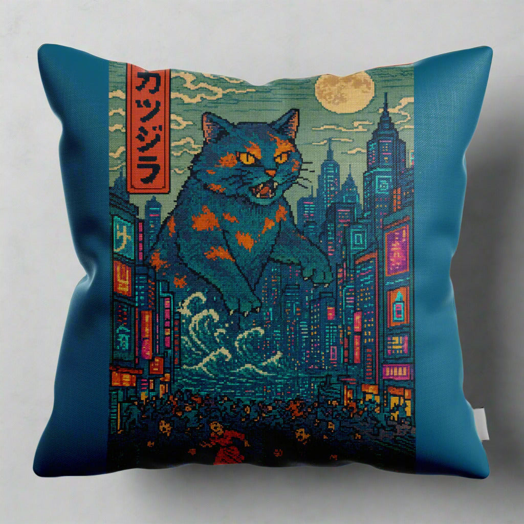Square throw pillow with teal blue fabric and illustrated monster cat over neon city