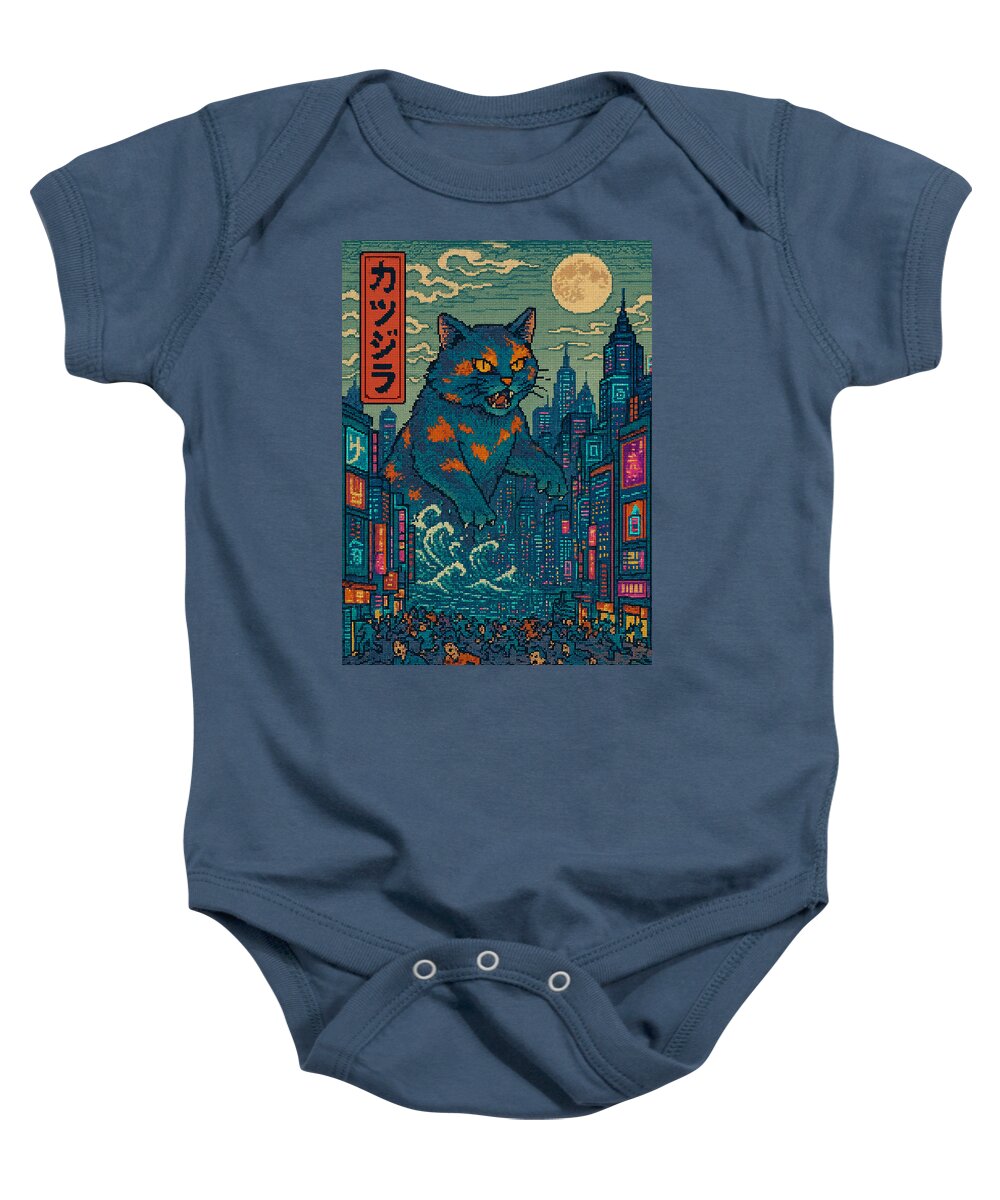 Navy baby onesie with short sleeves and front graphic of a cat in a city scene