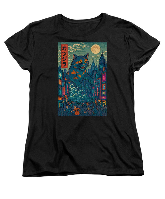 Women's graphic cat monster T-shirt, crew neck, short sleeves, black with city print