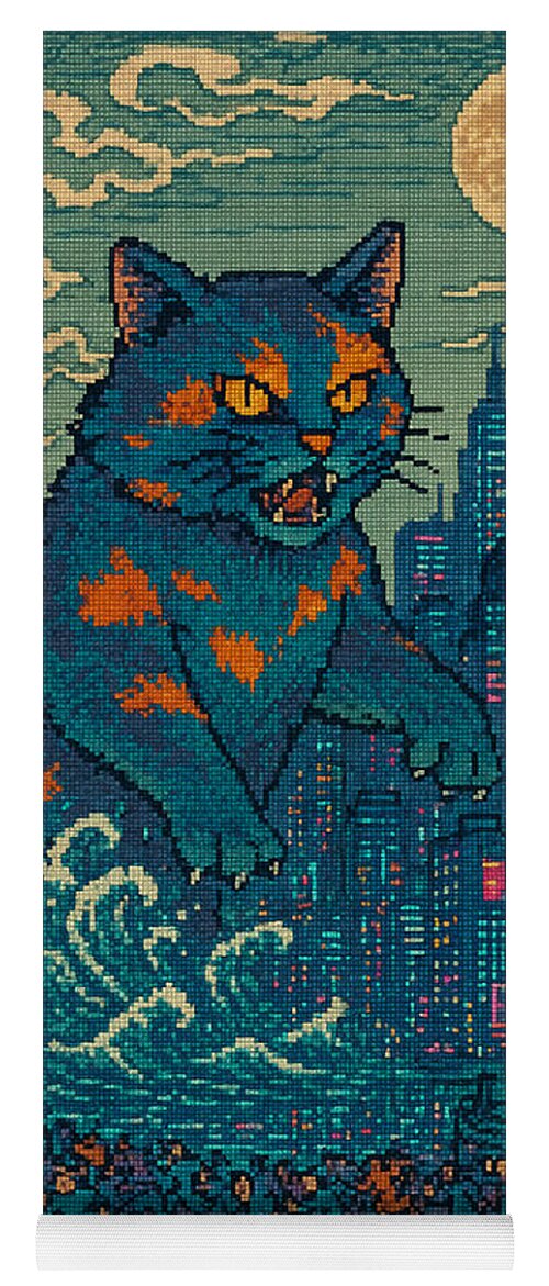 Yoga mat with blue cat monster illustration, city skyline and clouds