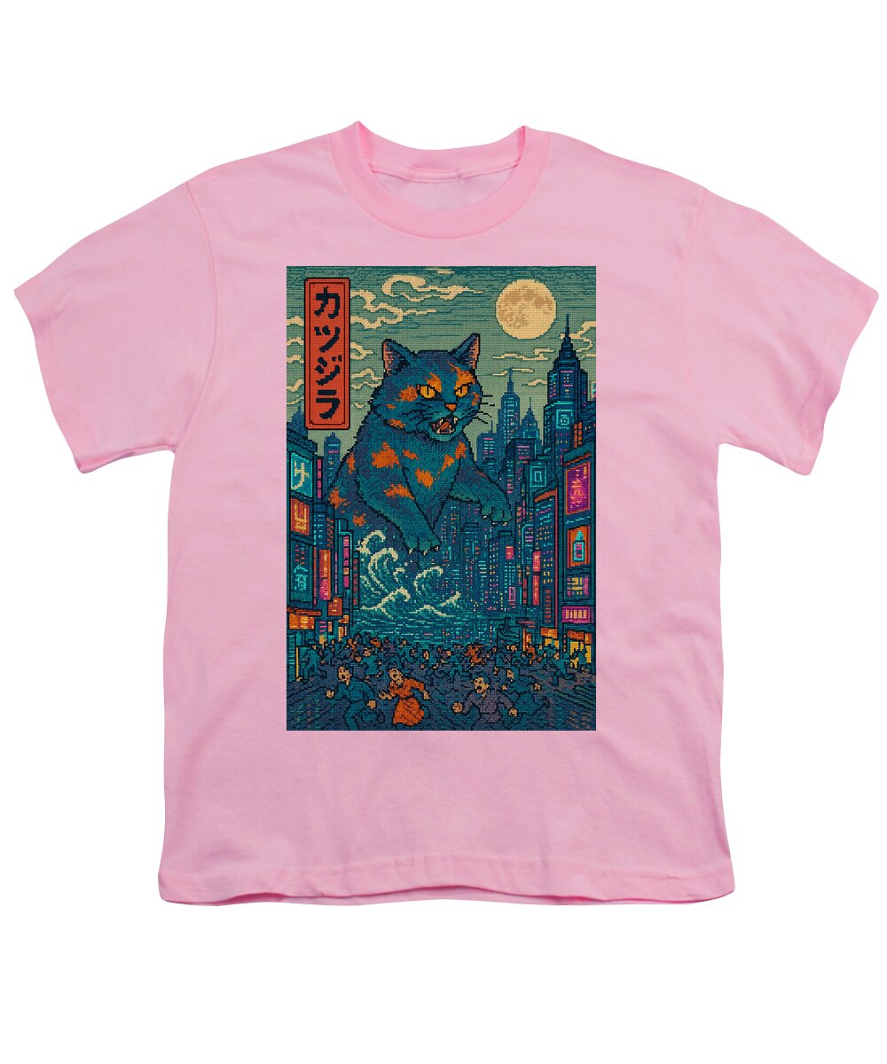 Youth graphic T-shirt, pink with cat monster city artwork panel