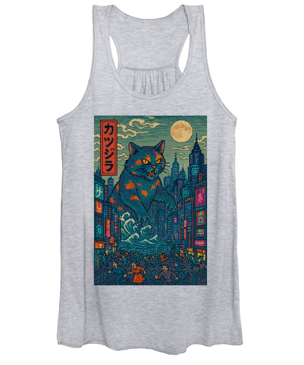 Women's heather gray tank top with cat monster graphic, scoop neckline and racerback straps