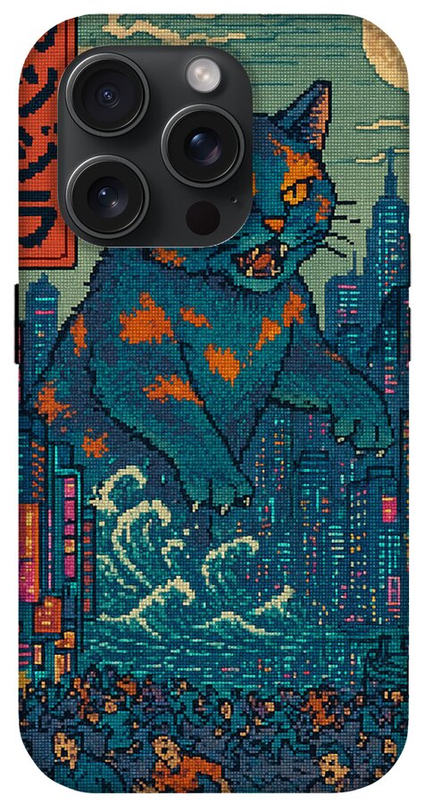 Phone case with blue cat monster pixel art, city skyline pattern, black cameras and flash