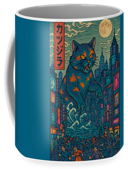 Blue ceramic mug with feline character wearing orange markings over neon city skyline artwork