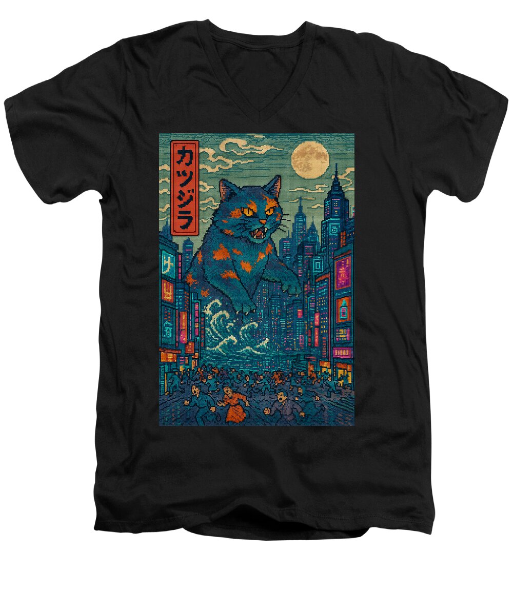 Men's V-neck T-shirt, black, front graphic cat monster with glowing city buildings.
