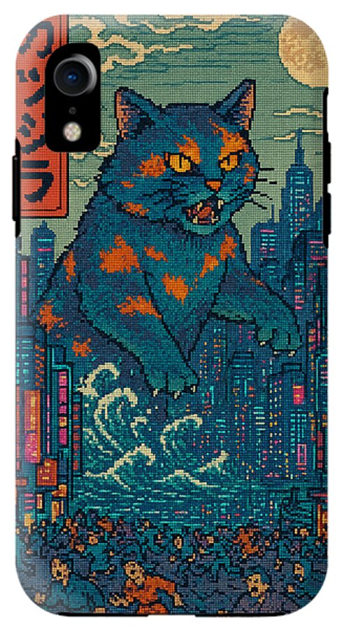 Phone case with pixel-art blue cat monster and city skyline, camera cutout on back