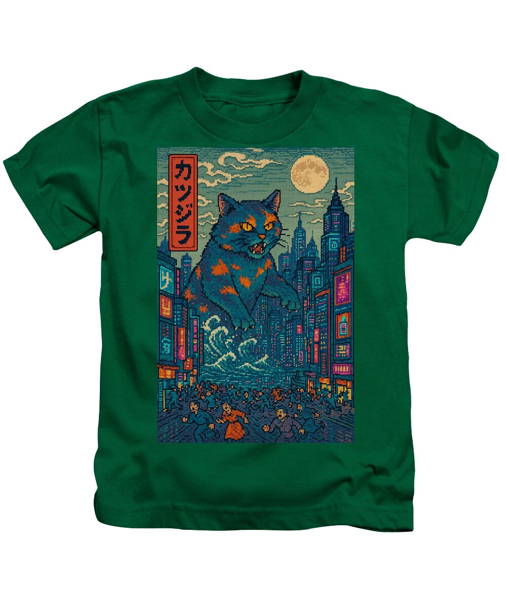 Kids T-shirt in dark green with square monster cat graphic on the front.