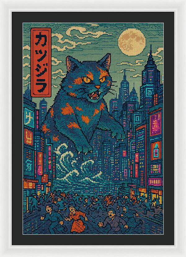 Framed cat city night wall art with blue cat in front of colorful skyscrapers.