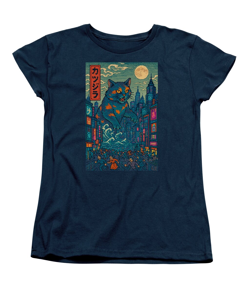 Women's graphic cat monster T-shirt, crew neck, short sleeves, navy with city print