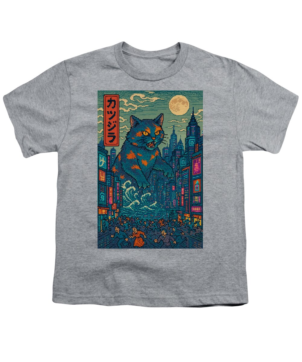 Youth T-shirt in heather gray with cat monster city graphic print on front